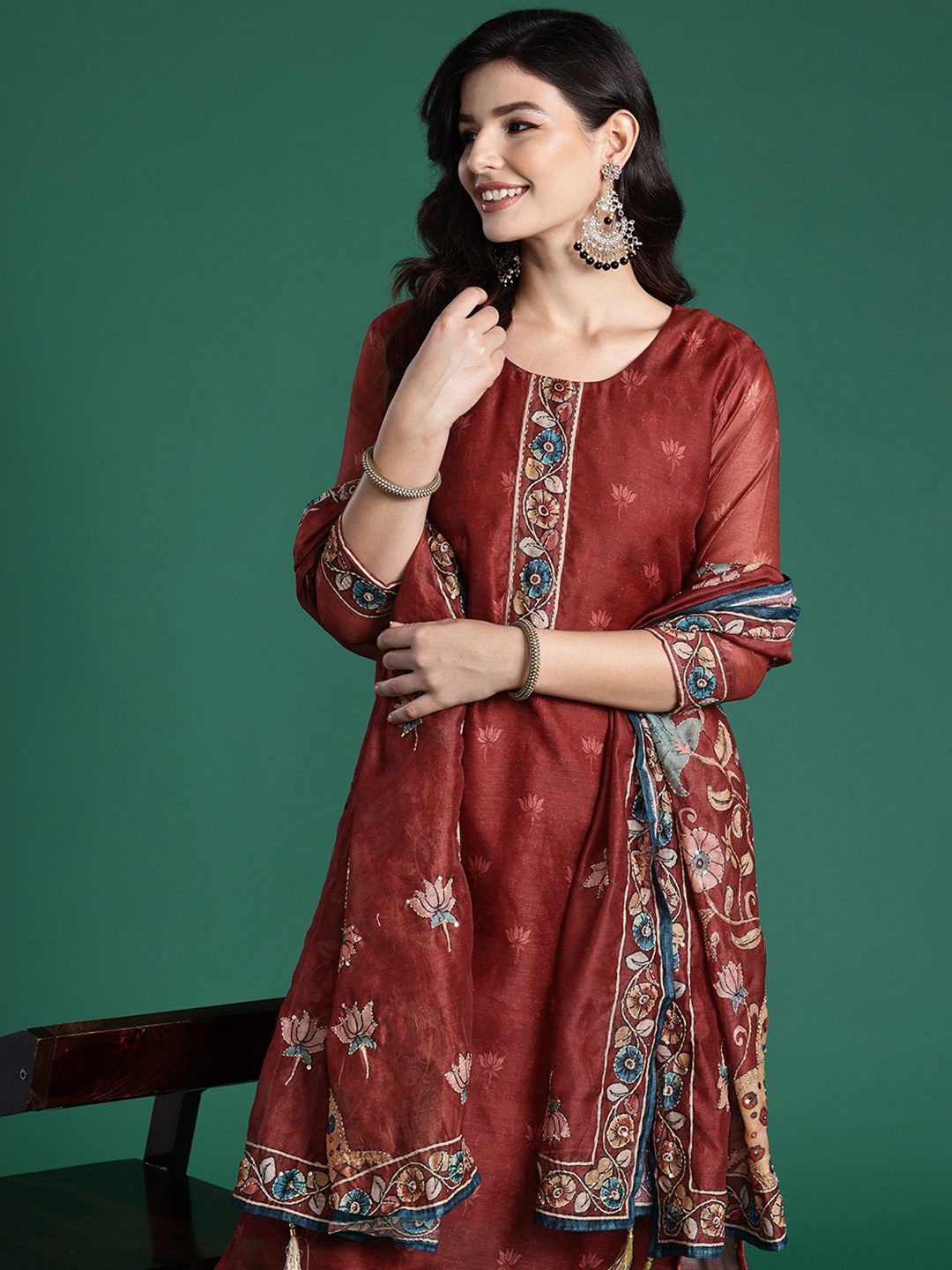 

Indo Era Ethnic Motifs Embroidered Thread Work Chanderi Silk Kurta With Trousers & Dupatta, Maroon