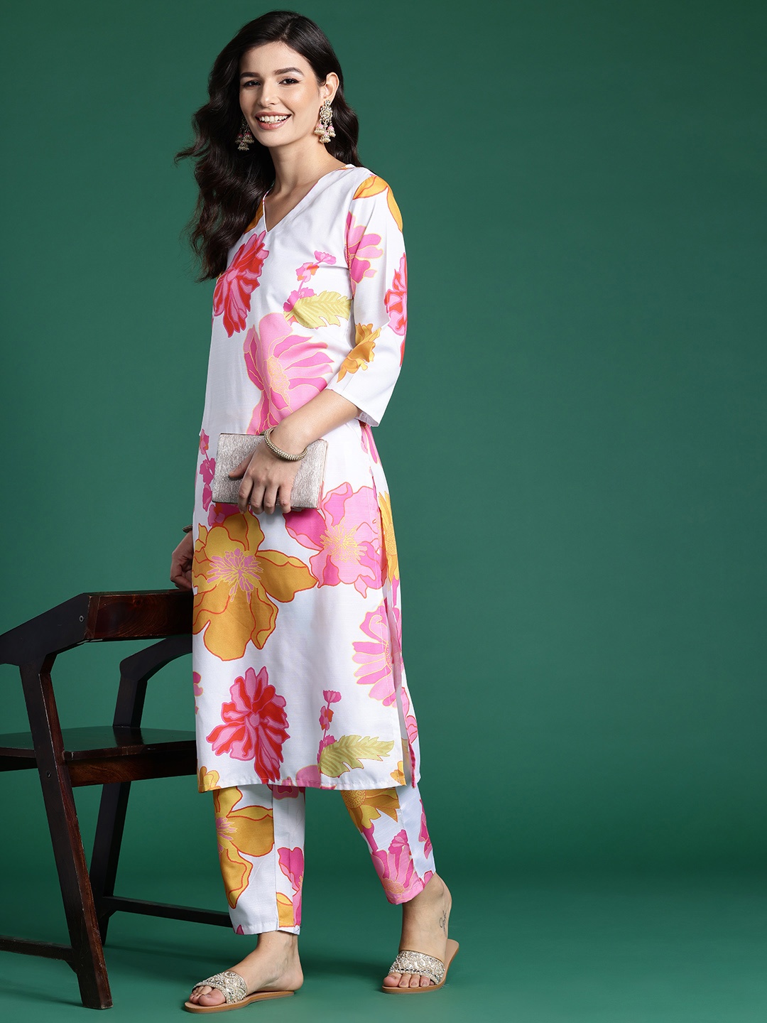 

Indo Era Floral Printed Kurta with Trousers, White