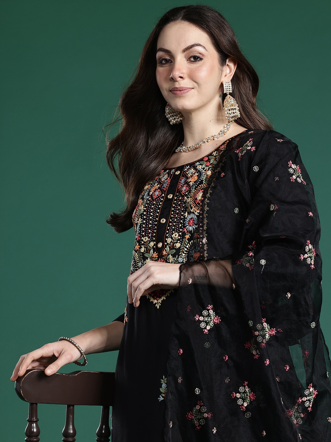 

Indo Era Floral Embroidered Thread Work Kurta with Trousers & With Dupatta, Black