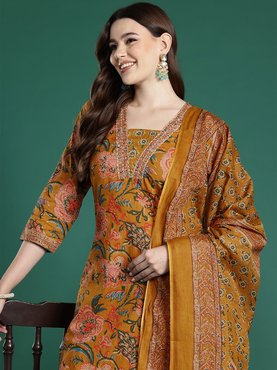 

Indo Era Floral Printed Sequinned Pure Cotton Kurta With Trousers & Dupatta, Mustard