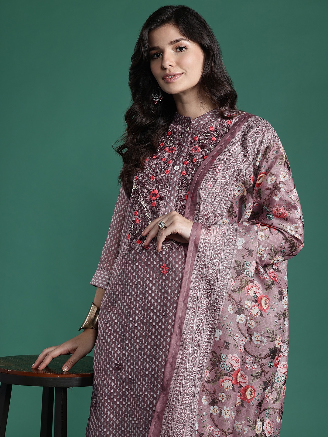 

Indo Era Floral Printed Thread Work Chanderi Silk Kurta with Trousers & With Dupatta, Mauve