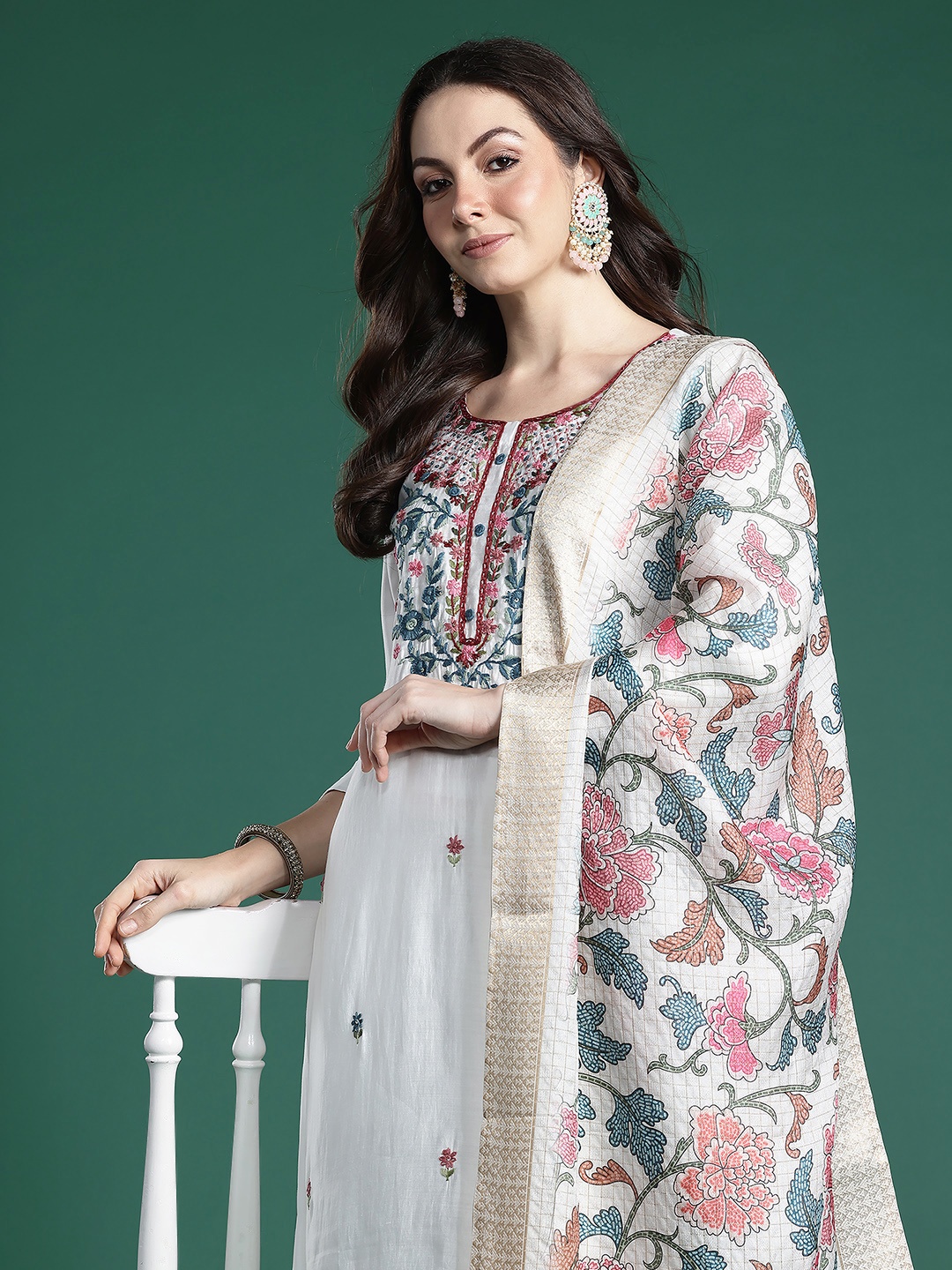 

Indo Era Women Floral Embroidered Thread Work Kurta With Trousers & Dupatta, White