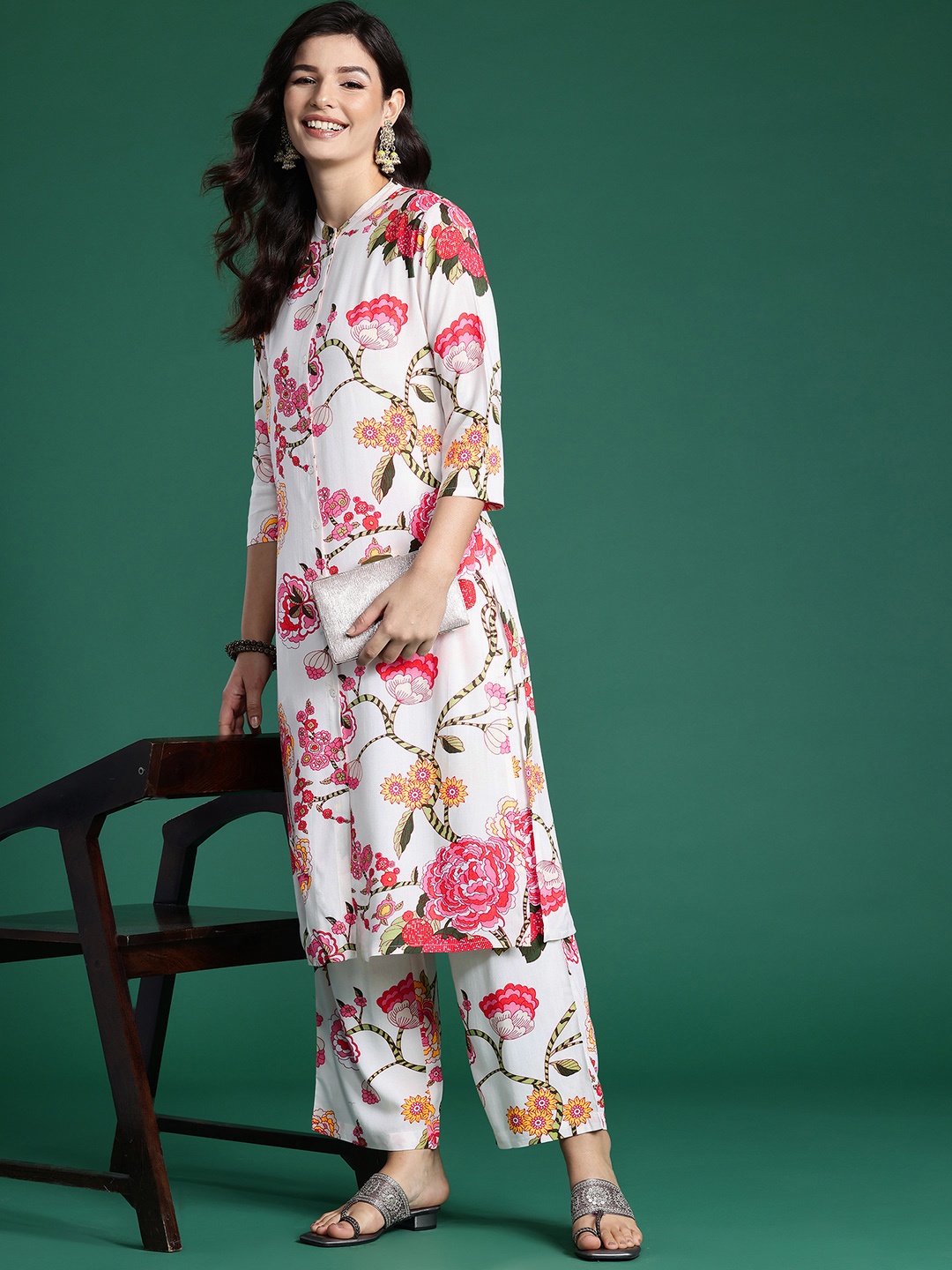 

Indo Era Floral Printed Kurta with Palazzos, White