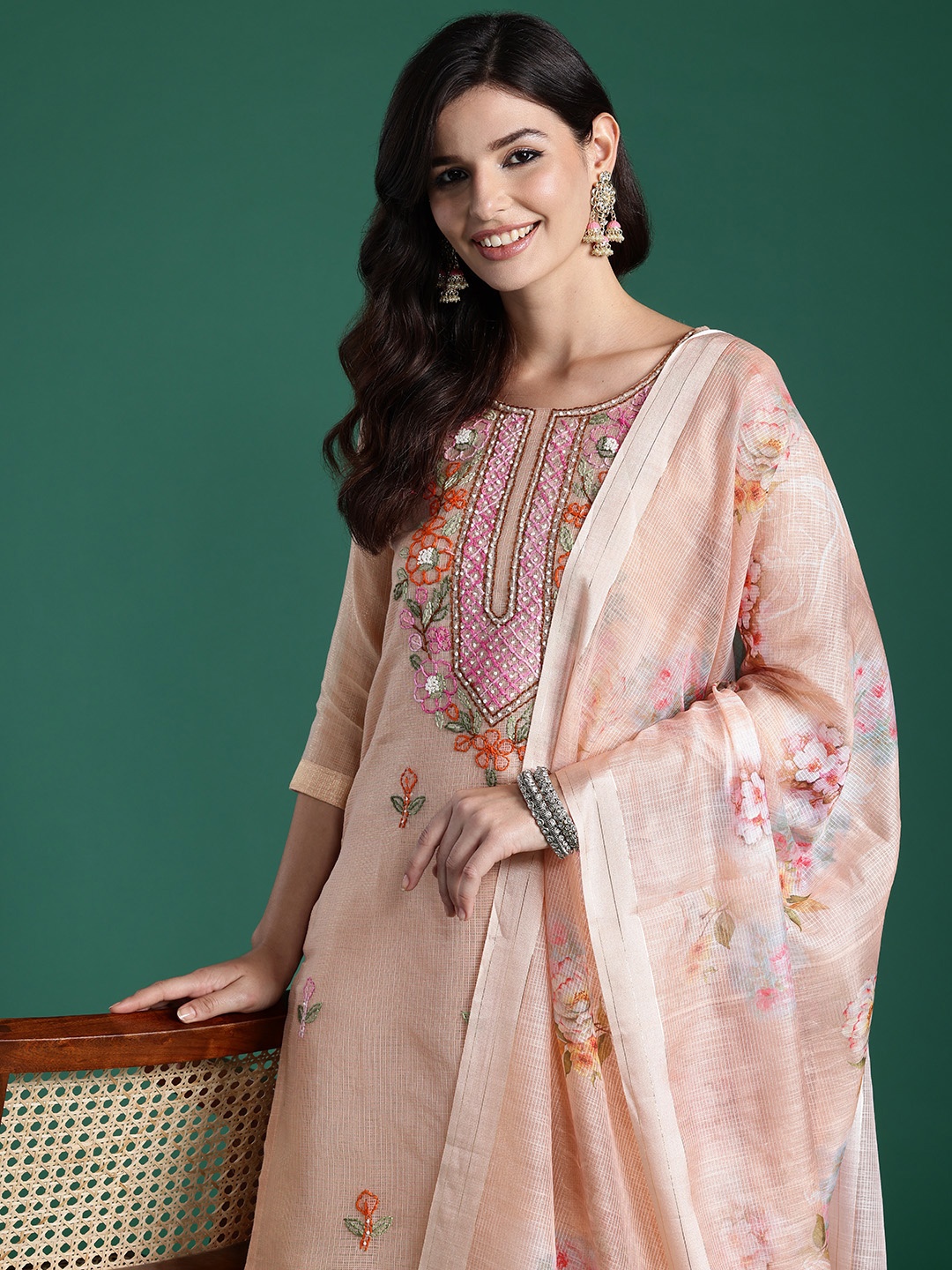 

Indo Era Women Floral Embroidered Thread Work Cotton Kurta with Trousers & With Dupatta, Peach