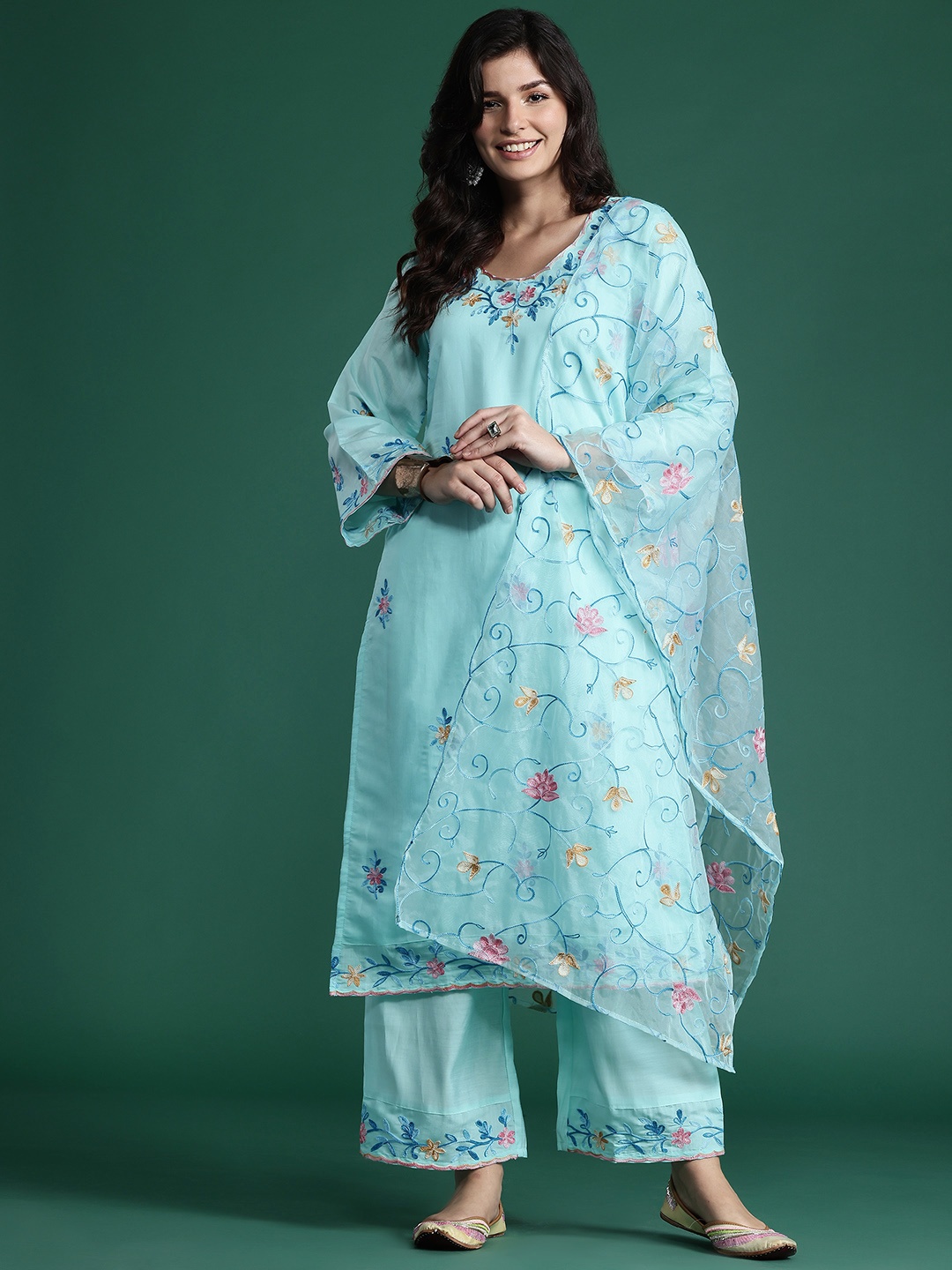 

Indo Era Floral Embroidered Thread Work Kurta with Trousers & With Dupatta, Sea green
