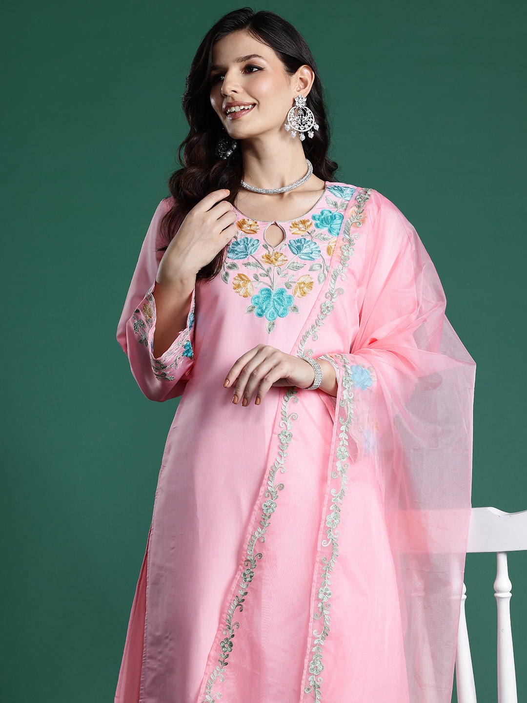 

Indo Era Floral Embroidered Thread Work Kurta With Trousers & Dupatta, Pink