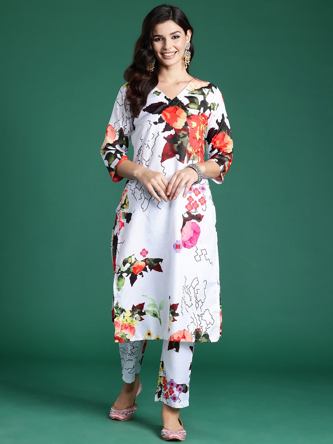 

Indo Era Women Floral Printed Regular Kurta with Trousers, White