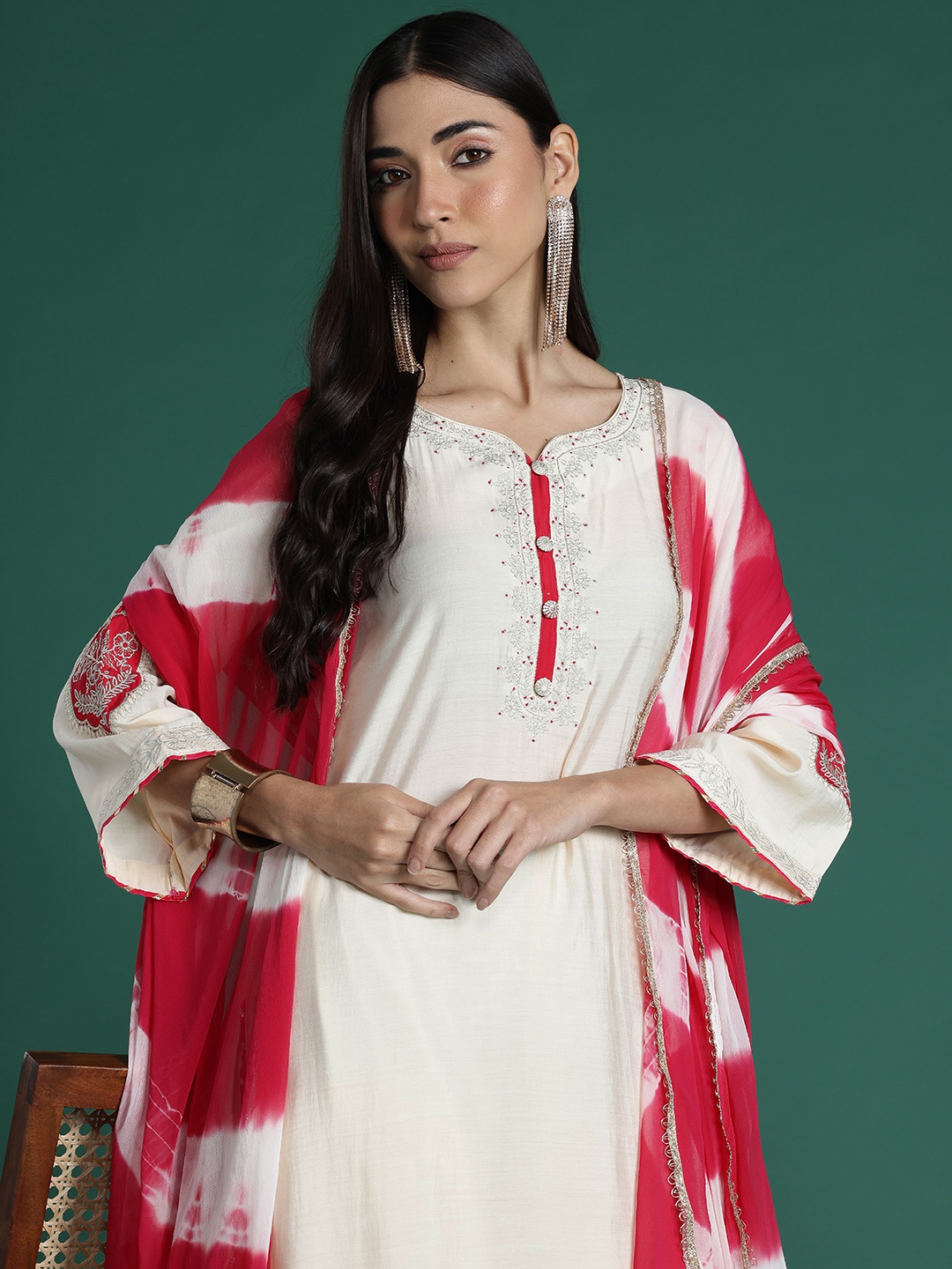 

Indo Era Ethnic Motifs Yoke Design Zari Kurta with Trousers & Dupatta, Cream