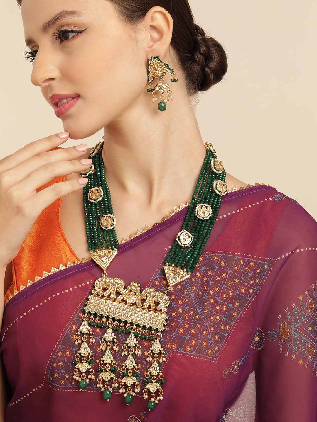 

House of Pataudi Golden Kundan Premium Necklace Set, Green