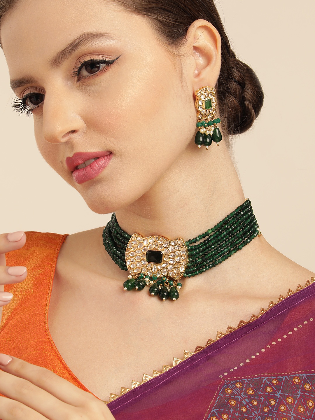 

House of Pataudi Green Layered Premium Golden Pendent Chokar Necklace Set