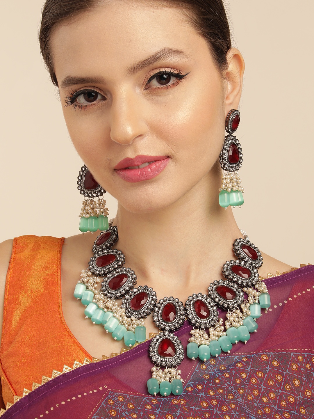 

House of Pataudi AD & Kundan Black Tone Monalisa Handmade Premium Necklace Set, Maroon