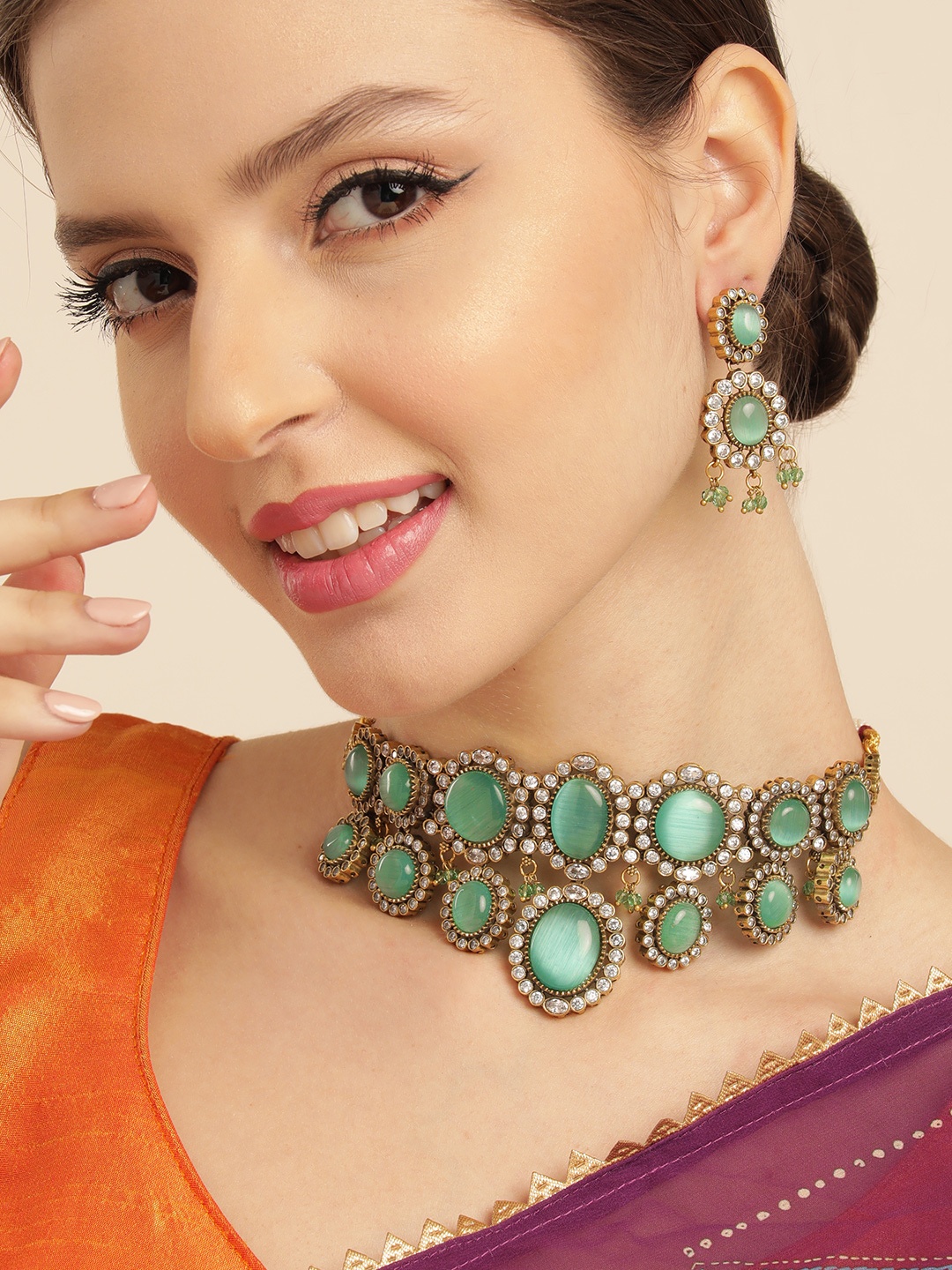 

House of Pataudi AD and Stone Golden Toned Double Layered Chokar Necklace Set, Sea green