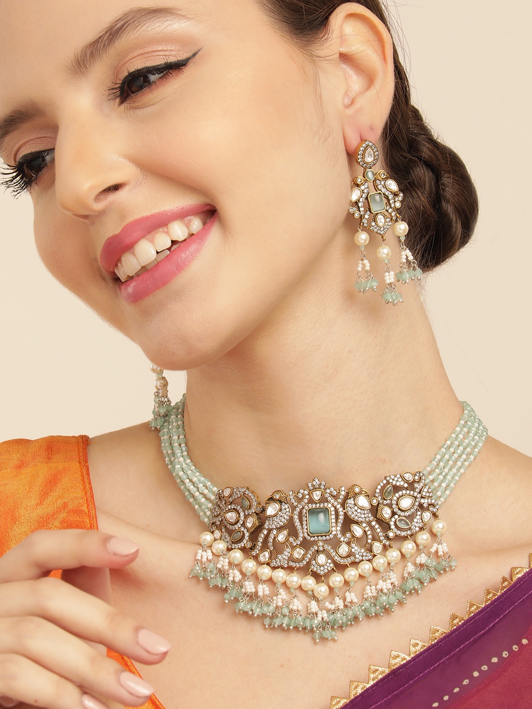 

House of Pataudi Gold-Plated Kundan & AD Studded Peacock Chokar Necklace Set, Blue