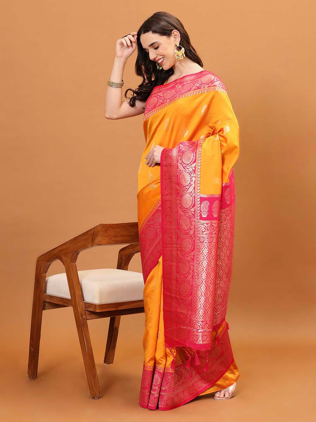 

Meena Bazaar Ethnic Motifs Woven Design Zari Saree, Yellow