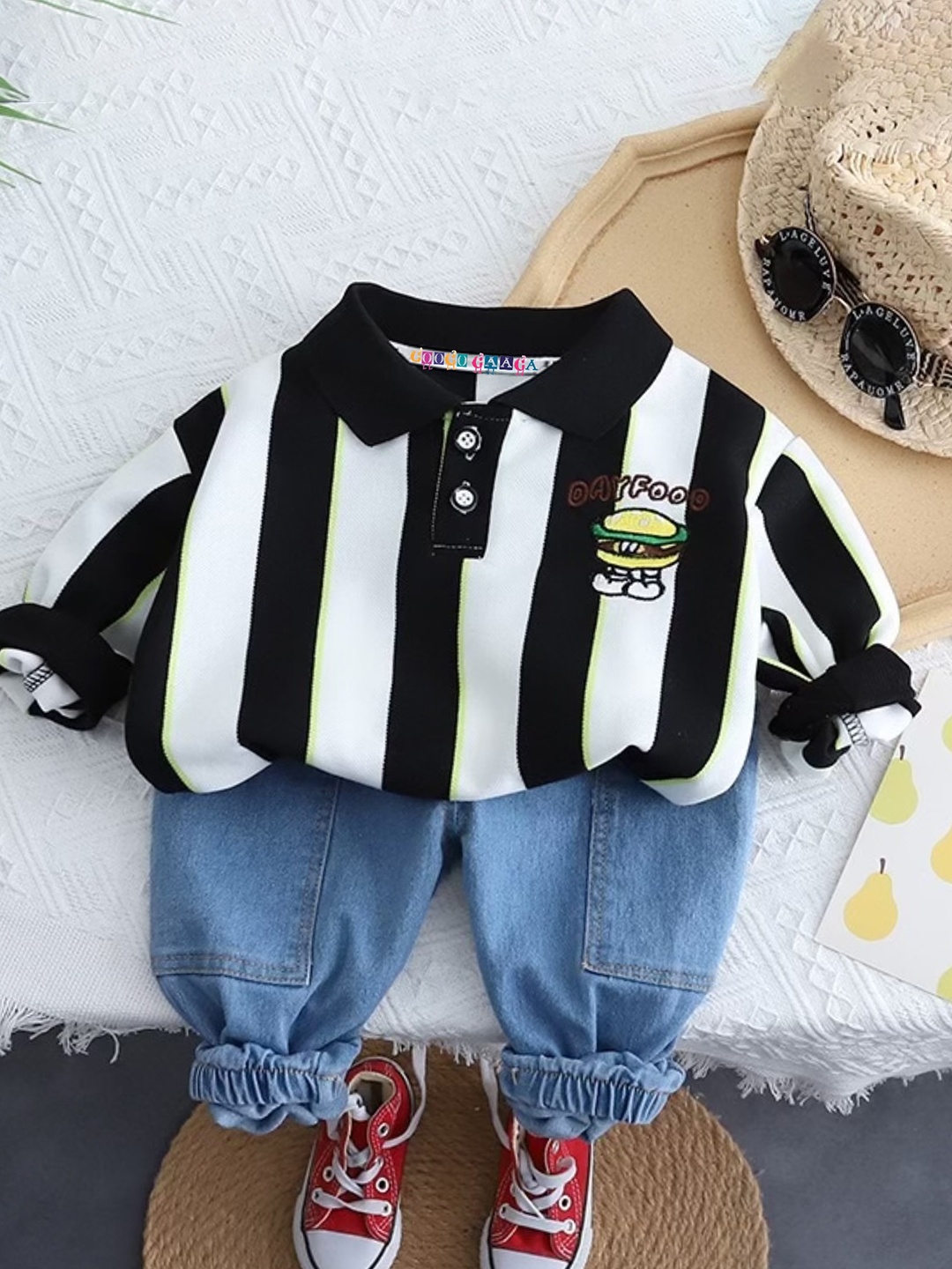 

Googo Gaaga Boys Striped Polo Collar Cotton T-Shirt With joggers, Black