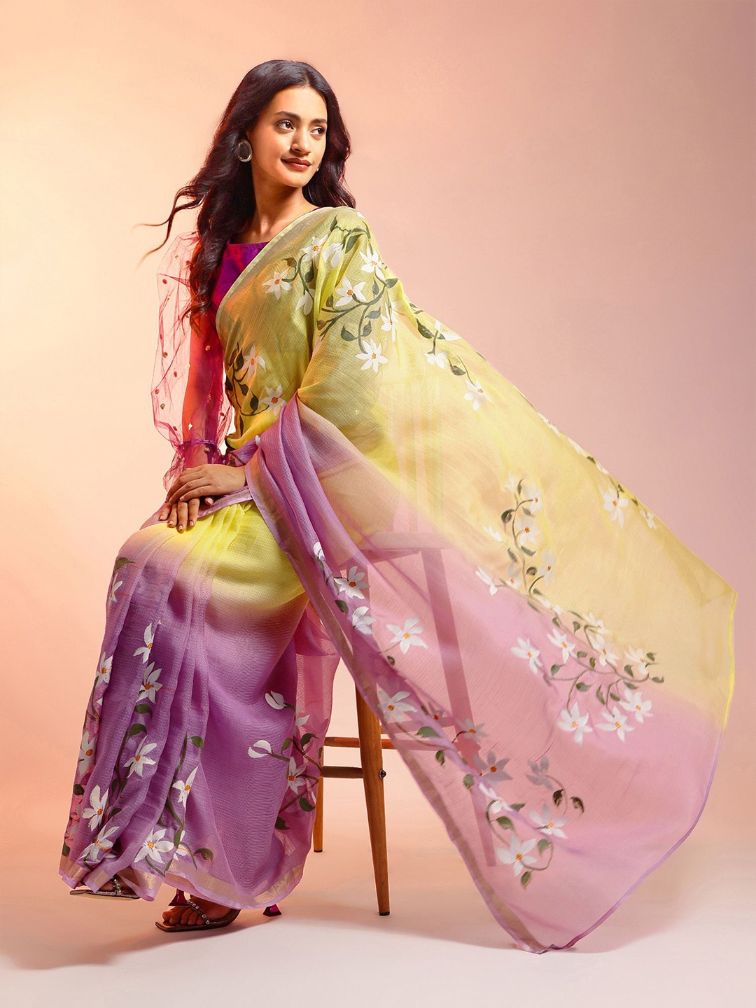 

navyasa by liva Floral Printed Pure Silk Saree, Yellow