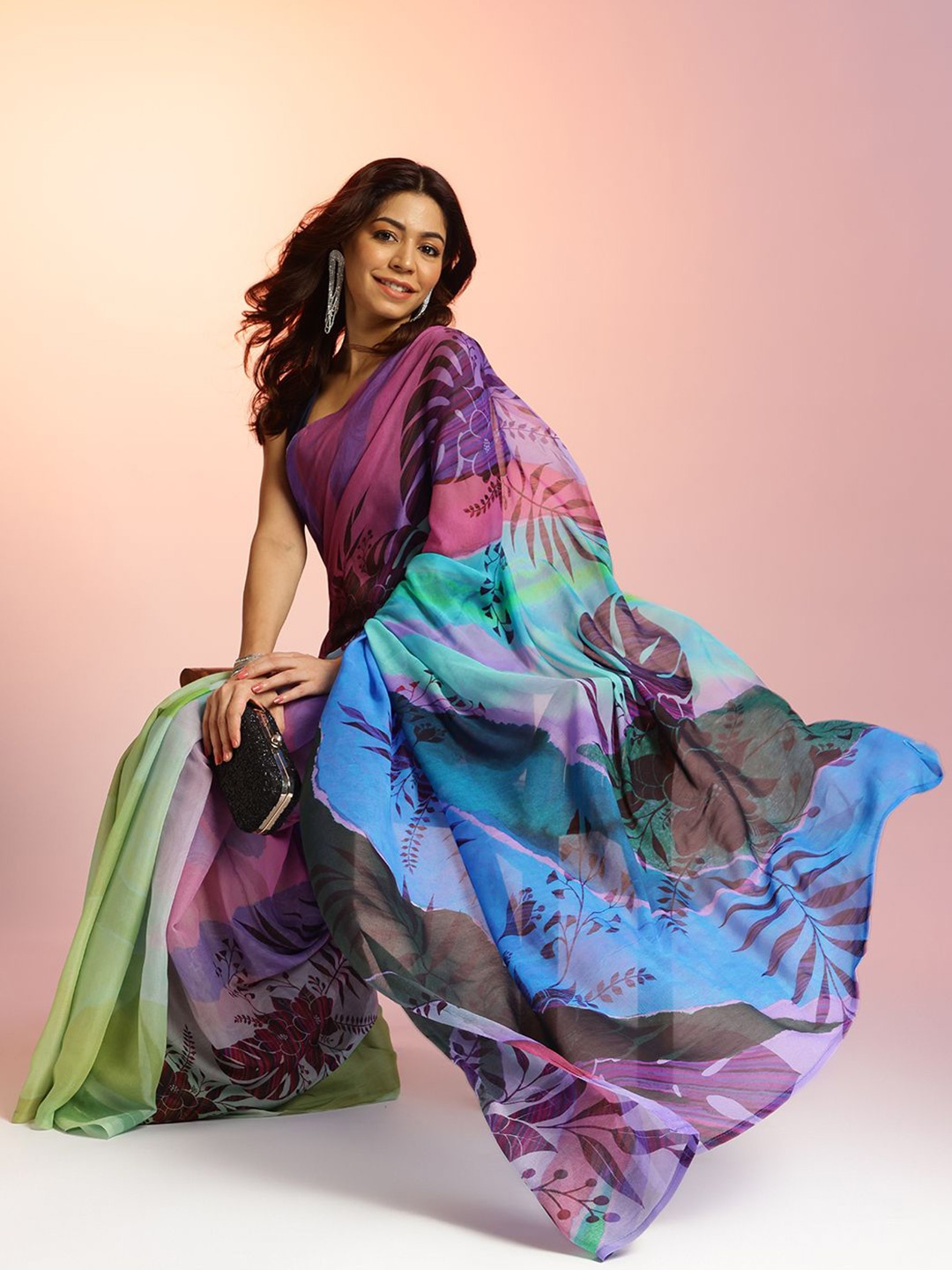 

navyasa by liva Pure Chiffon Abstract Printed Saree, Purple