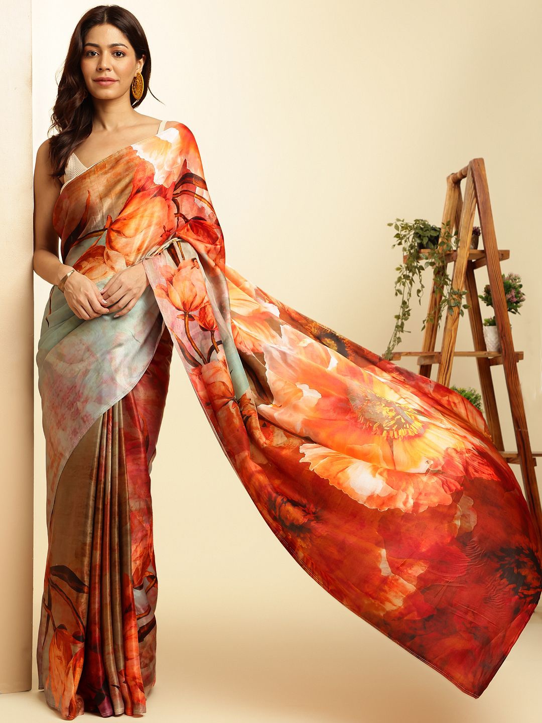 

navyasa by liva Floral Satin Saree, Brown