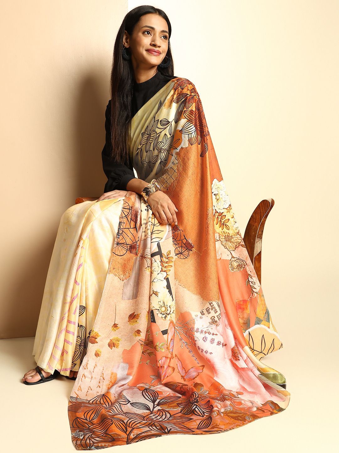 

navyasa by liva Abstract Printed Satin Saree, Beige