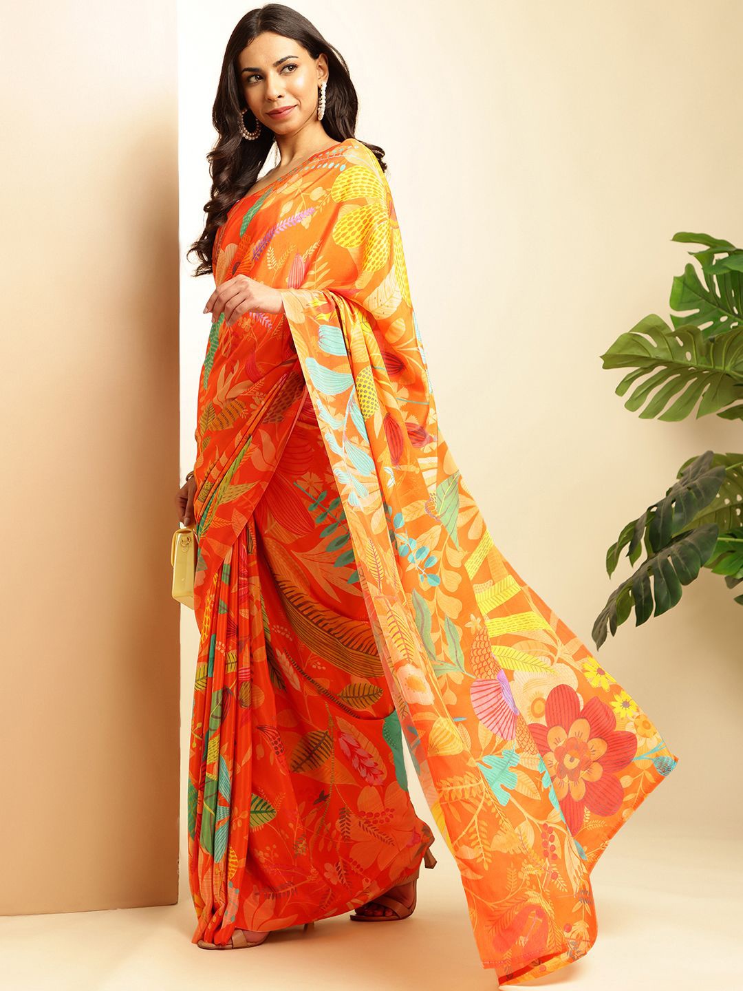 

navyasa by liva Floral printed Pure Crepe Saree, Orange