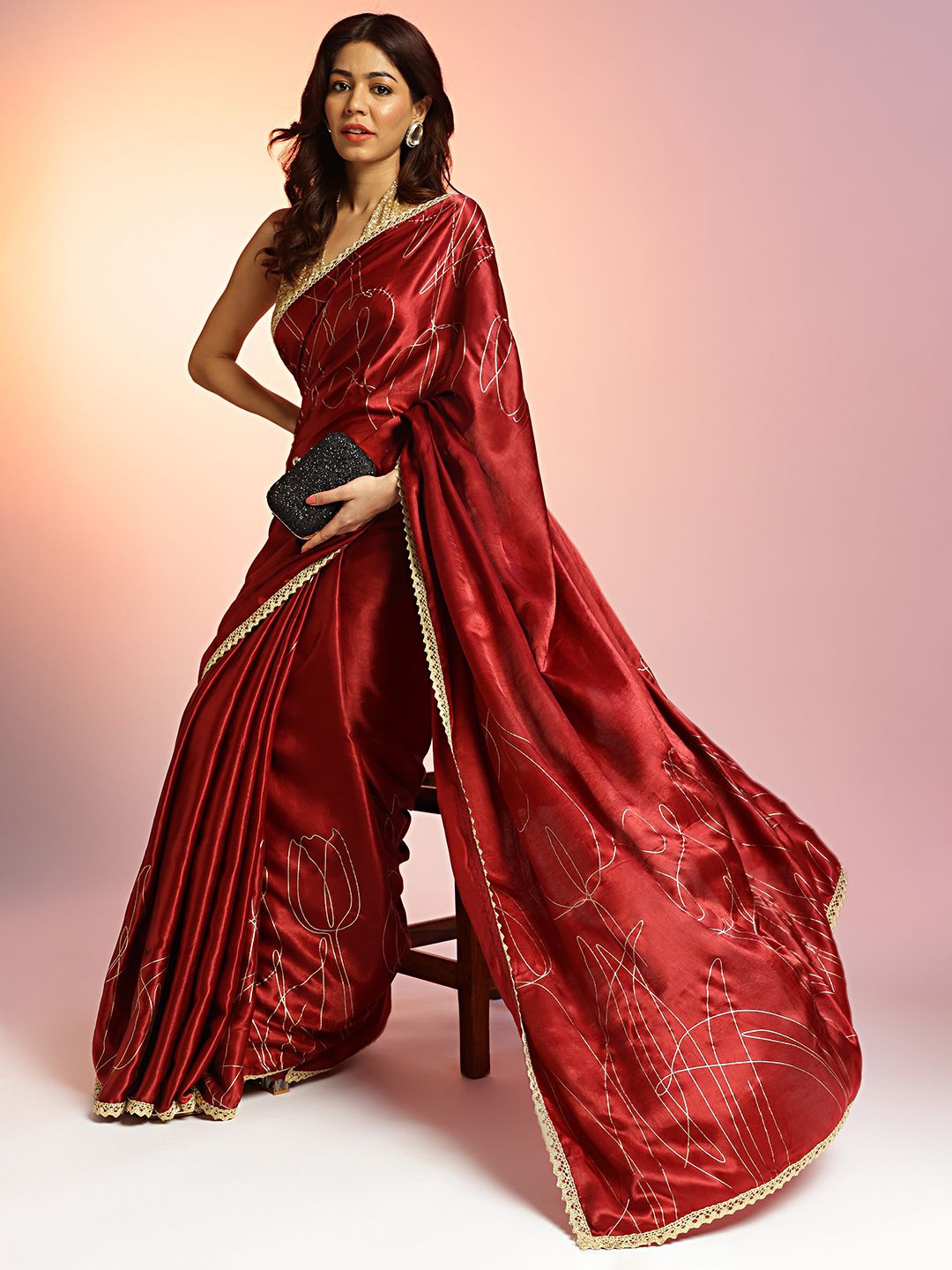 

navyasa by liva Solid Embroidered Satin Saree, Red