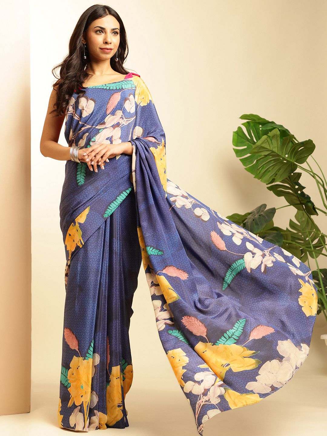 

navyasa by liva Floral Pure Crepe Saree, Blue