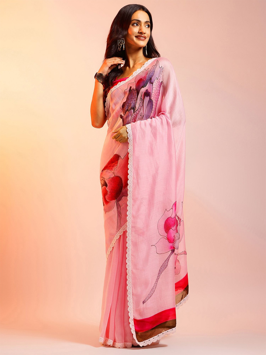 

navyasa by liva Floral Printed Embroidered Liva Saree, Pink