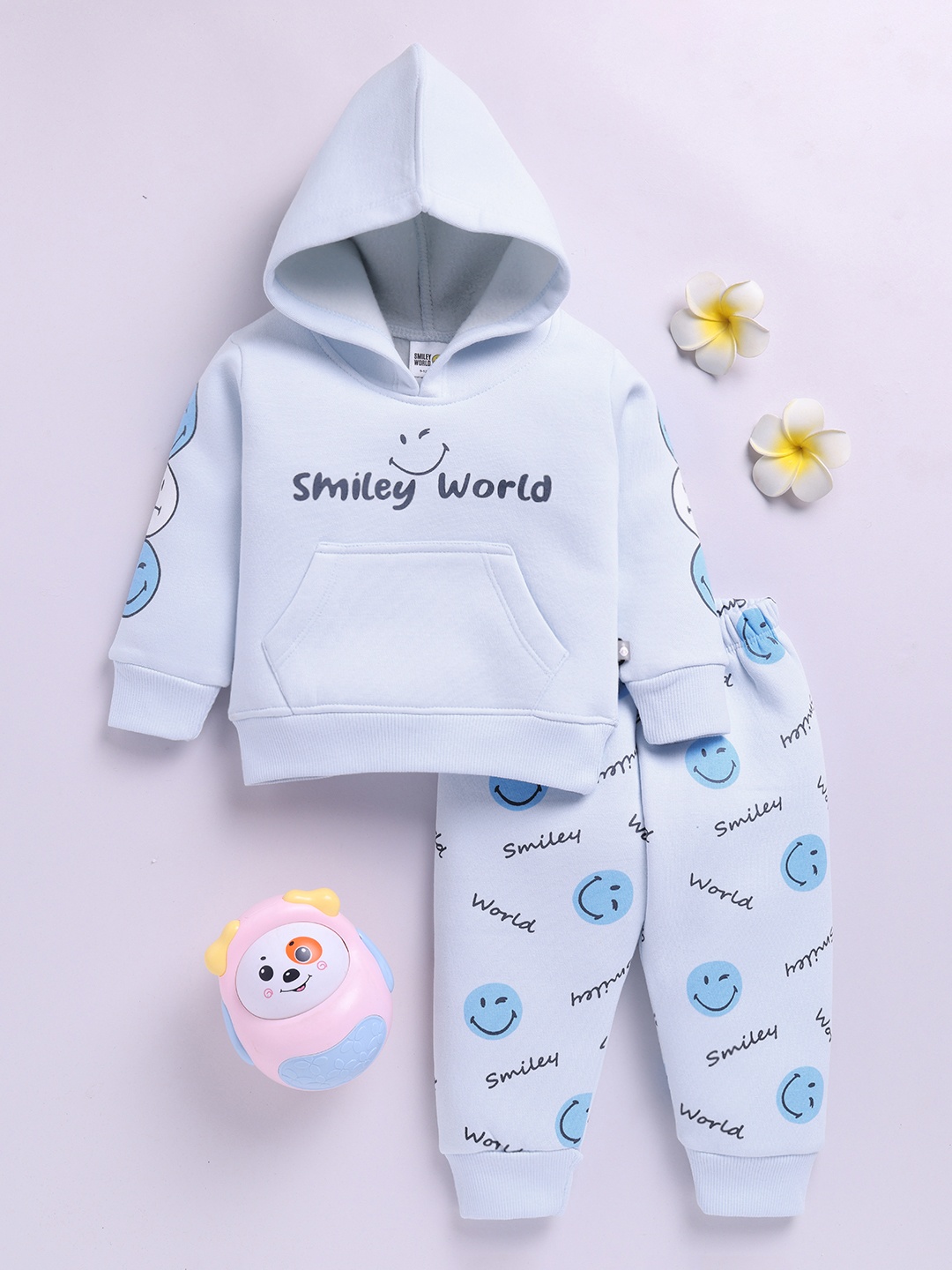 

YK X Tinyo Infant Girls Smiley Printed Hooded Sweatshirt with Joggers, Blue