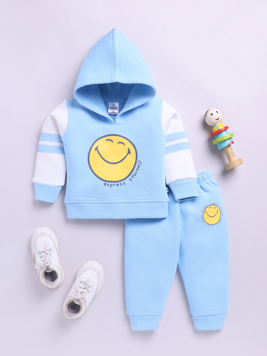 

YK X Tinyo Infant Boys Smiley Printed Hooded Fleece Sweatshirt with Joggers, Blue