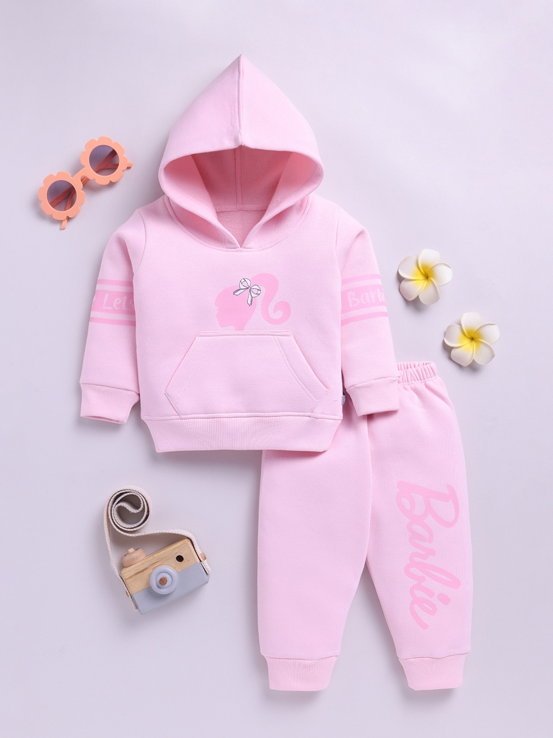 

YK X Tinyo Girls Barbie Printed Hooded Sweatshirt & Joggers For Winter, Pink