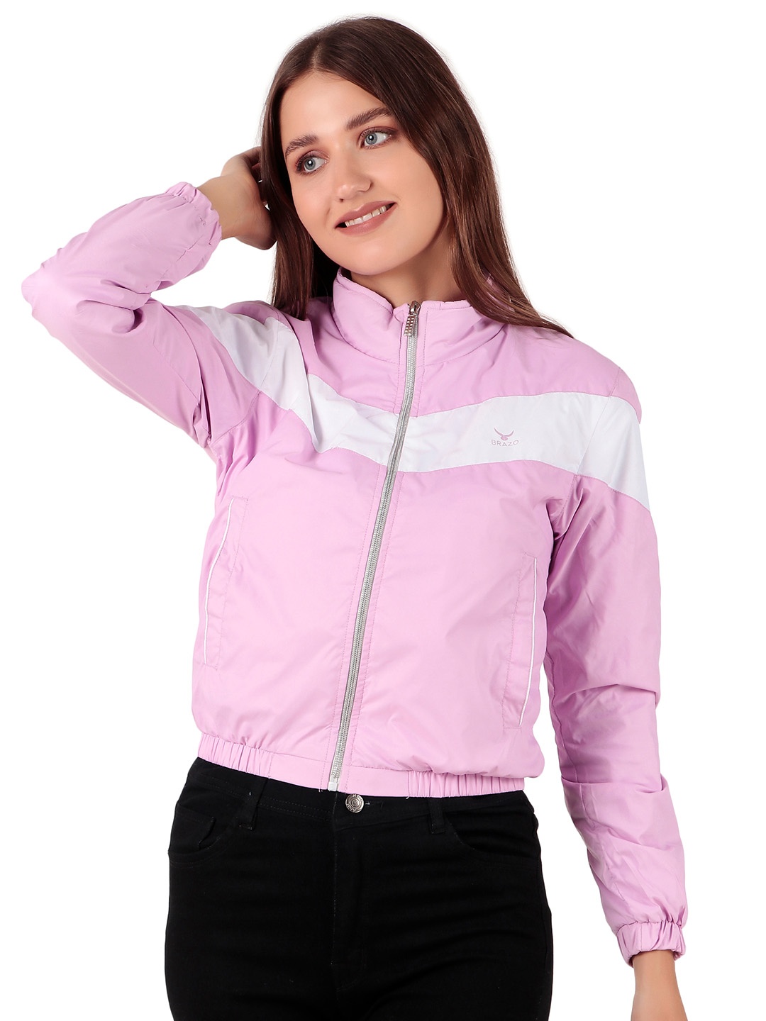 

Brazo Women Colourblocked Windcheater Mandarin Collar Puffer Jacket, Pink