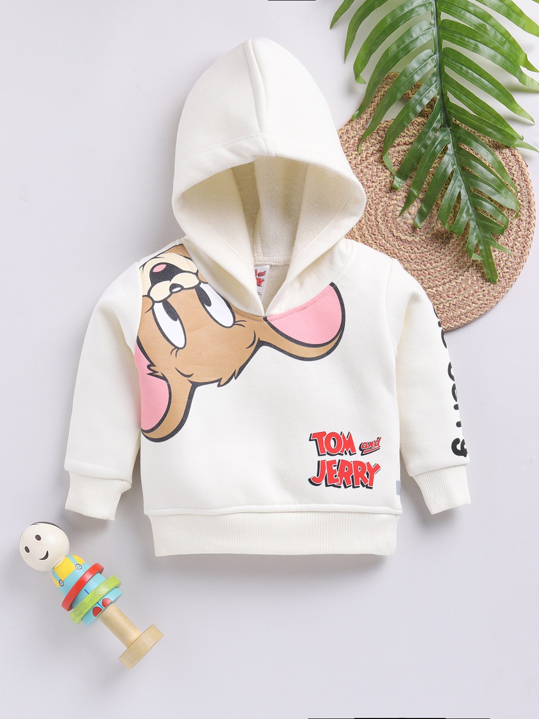 

YK X Tinyo Infant Girls Tom and Jerry Printed Hooded Fleece Sweatshirt, Cream