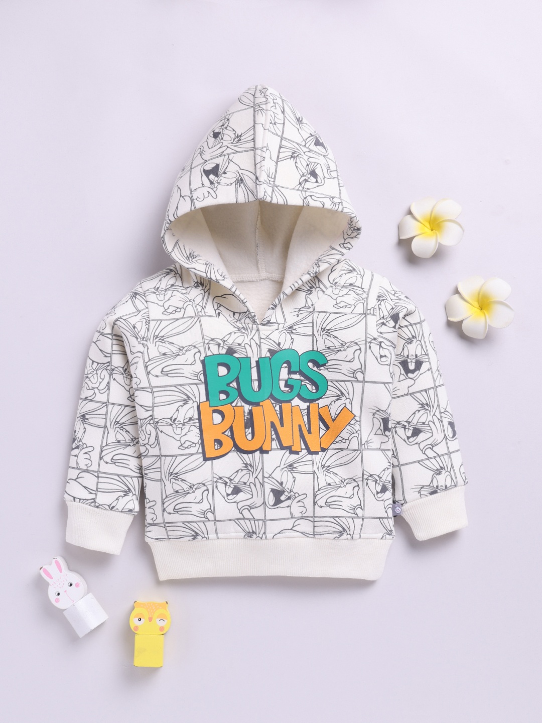 

YK X Tinyo Infant Boys Bugs Bunny Printed Hooded Fleece Sweatshirt, Cream