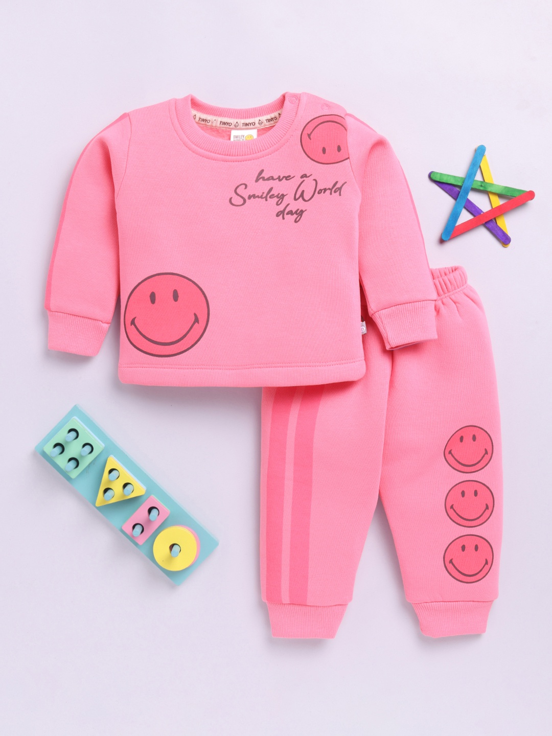 

YK X Tinyo Infant Girls Smiley Printed Fleece Sweatshirts And Joggers For Winter, Fuchsia