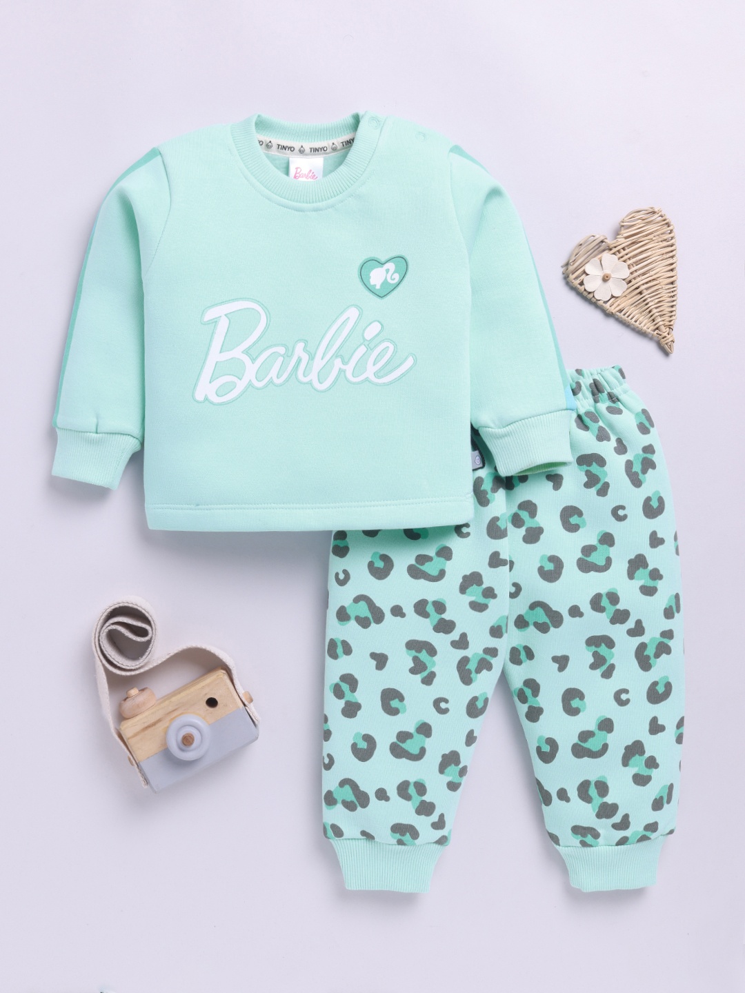 

YK X Tinyo infant Girls Barbie Printed Fleece Sweatshirts and Joggers for Winter, Turquoise blue