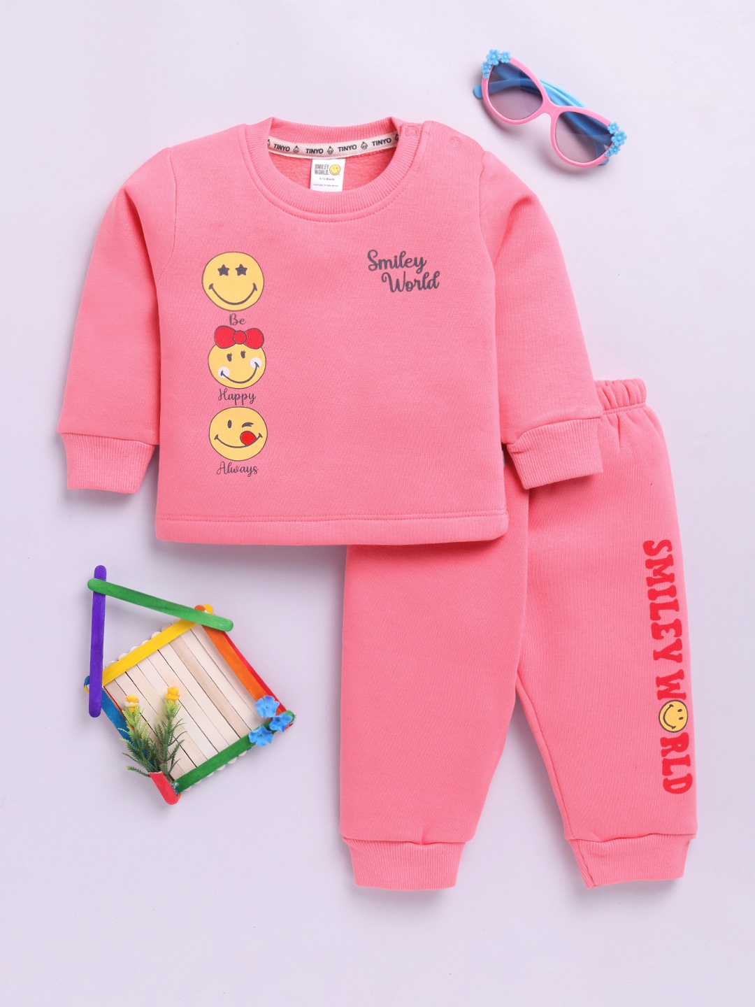 

YK X Tinyo Infant Girls Smiley Printed Fleece Sweatshirts And Joggers For Winter, Pink