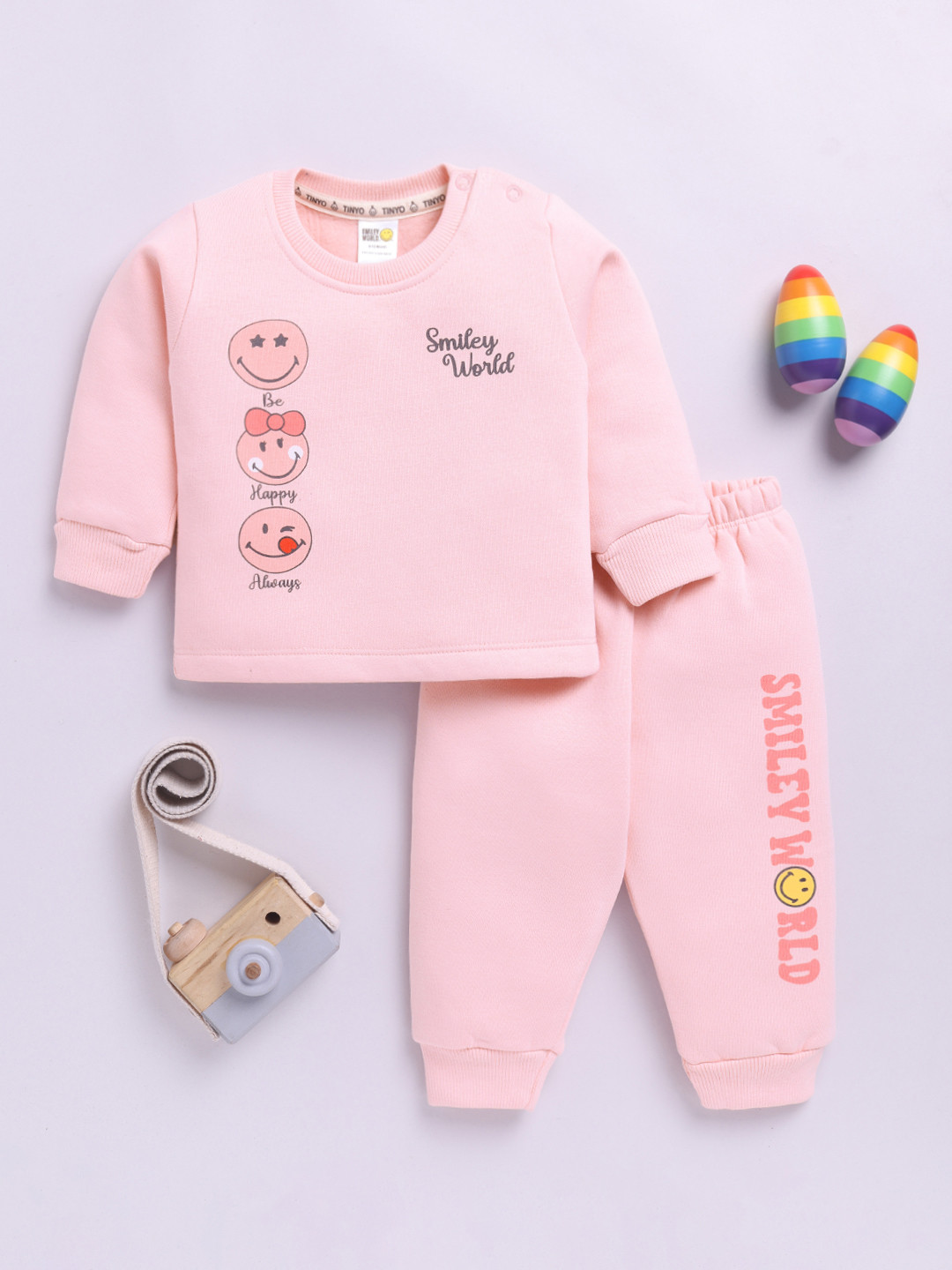 

YK X Tinyo Infant Girls Smiley Printed Fleece Sweatshirts and Joggers for Winter, Peach