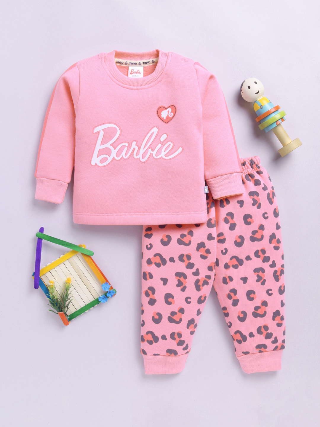 

YK X Tinyo Infant Girls Barbie Printed Fleece Sweatshirts And Joggers For Winter, Pink