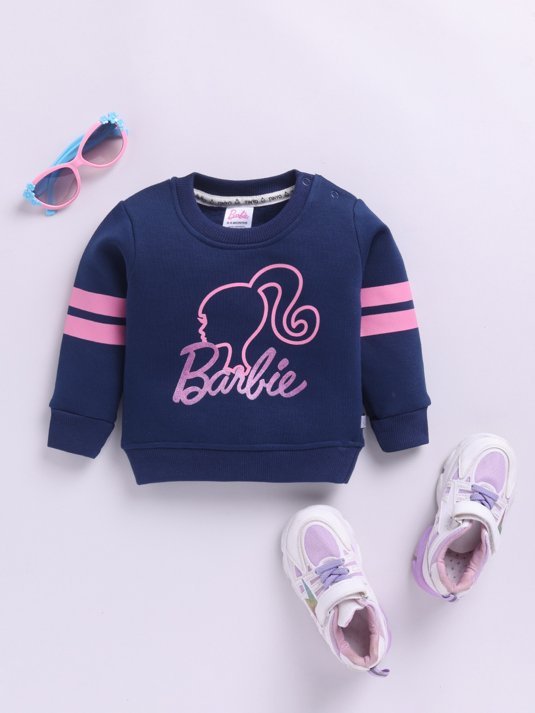 

YK X Tinyo Infant Girls Barbie Printed Full Sleeves Fleece Sweatshirt, Navy blue