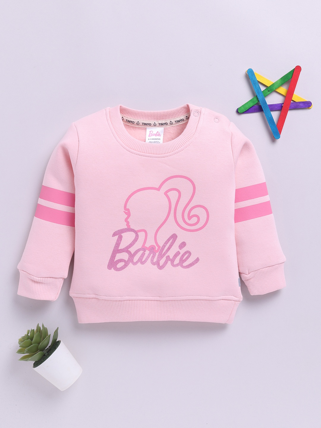 

YK X Tinyo Infant Girls Barbie Printed Full Sleeves Fleece Sweatshirt, Pink