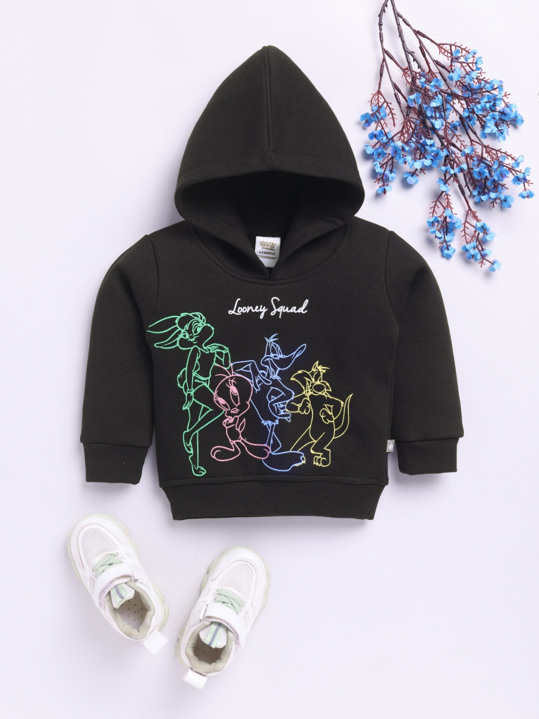 

Yk X Tinyo Infant Boys Looney Tunes Graphic Printed Hooded Sweatshirt, Black