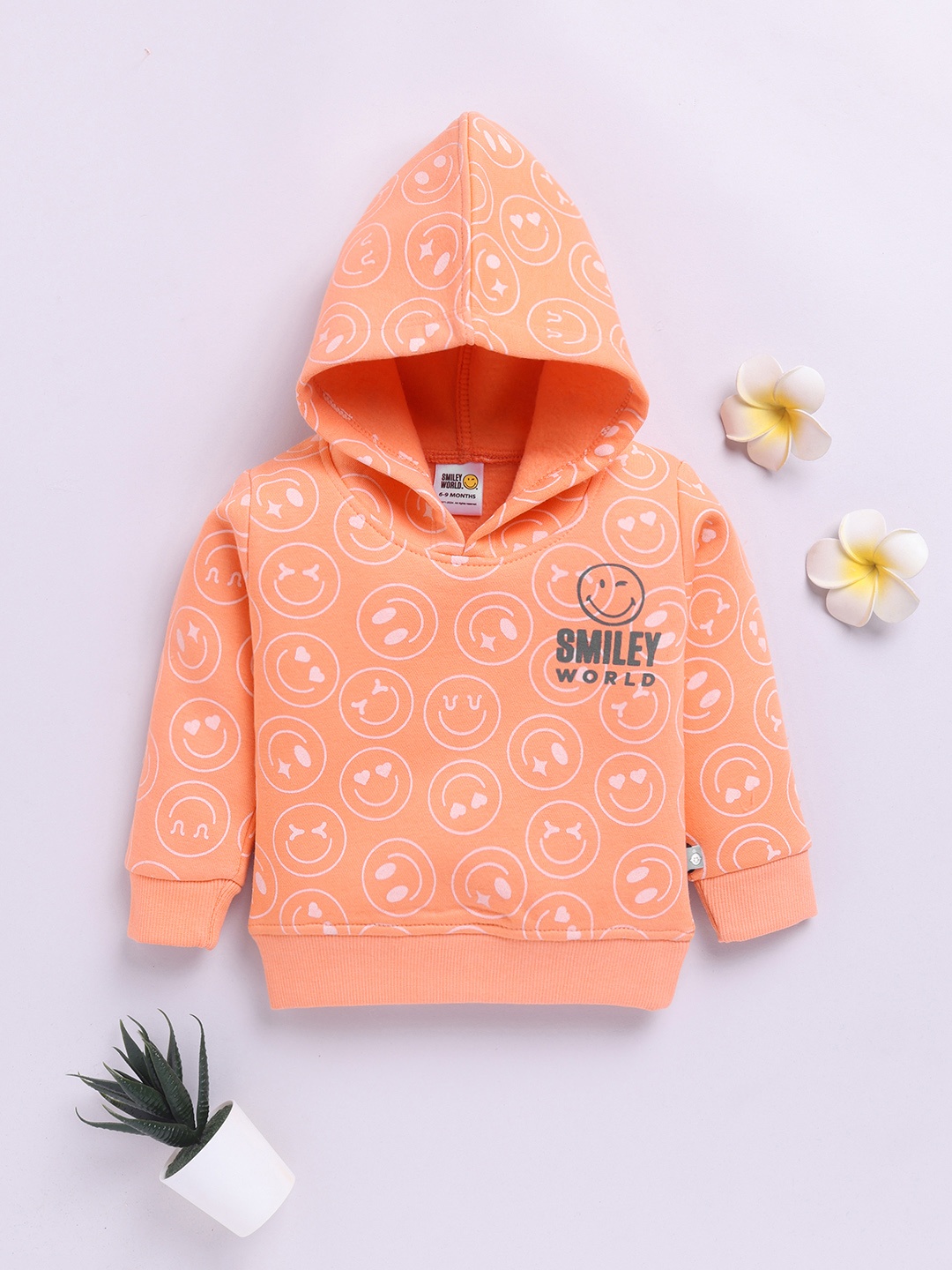 

YK X Tinyo Infant Boys Smiley Printed Fleece Hooded Sweatshirt, Orange