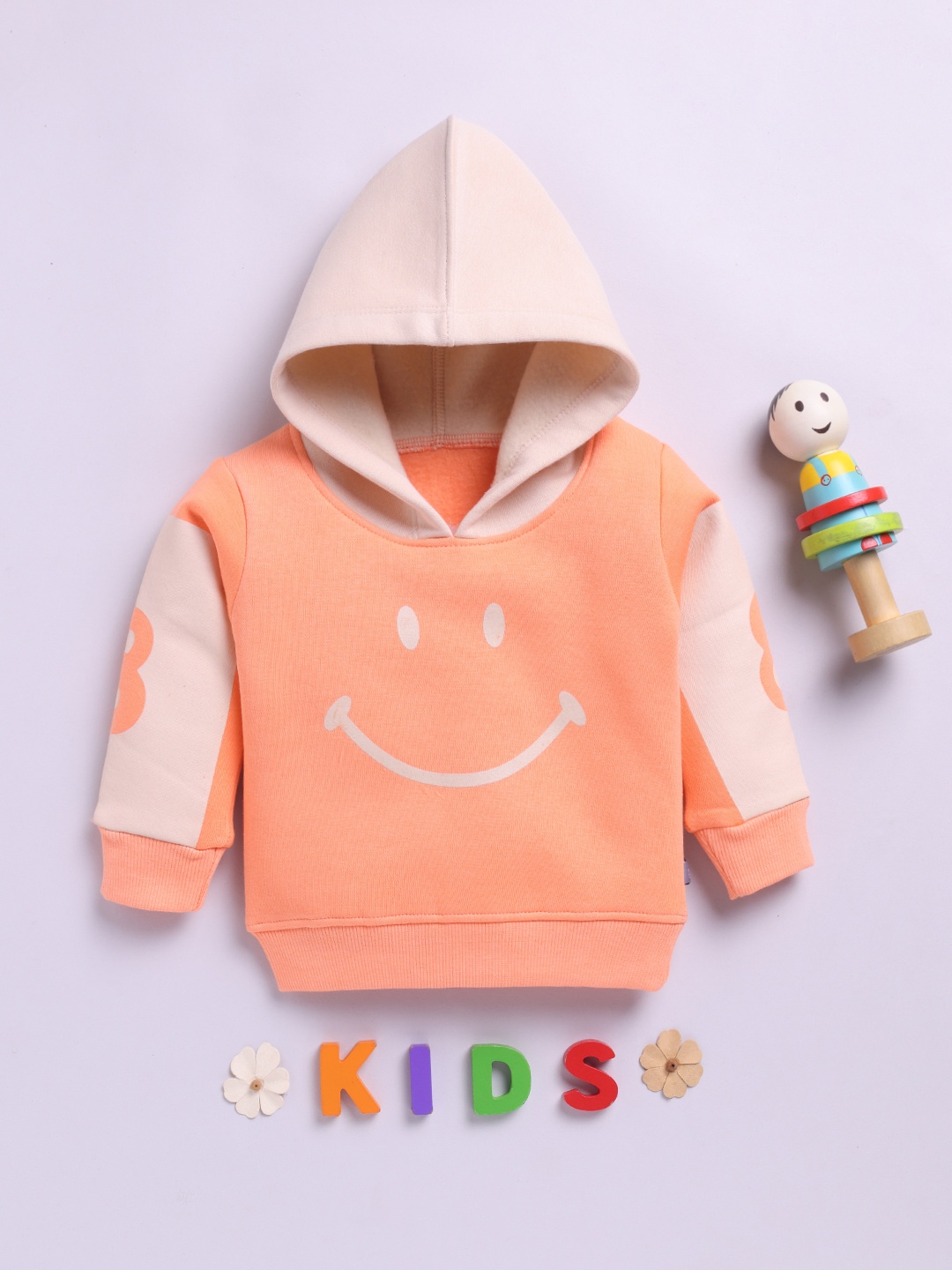 

YK X Tinyo Infant Boys Smiley Printed Fleece Hooded Sweatshirt, Orange