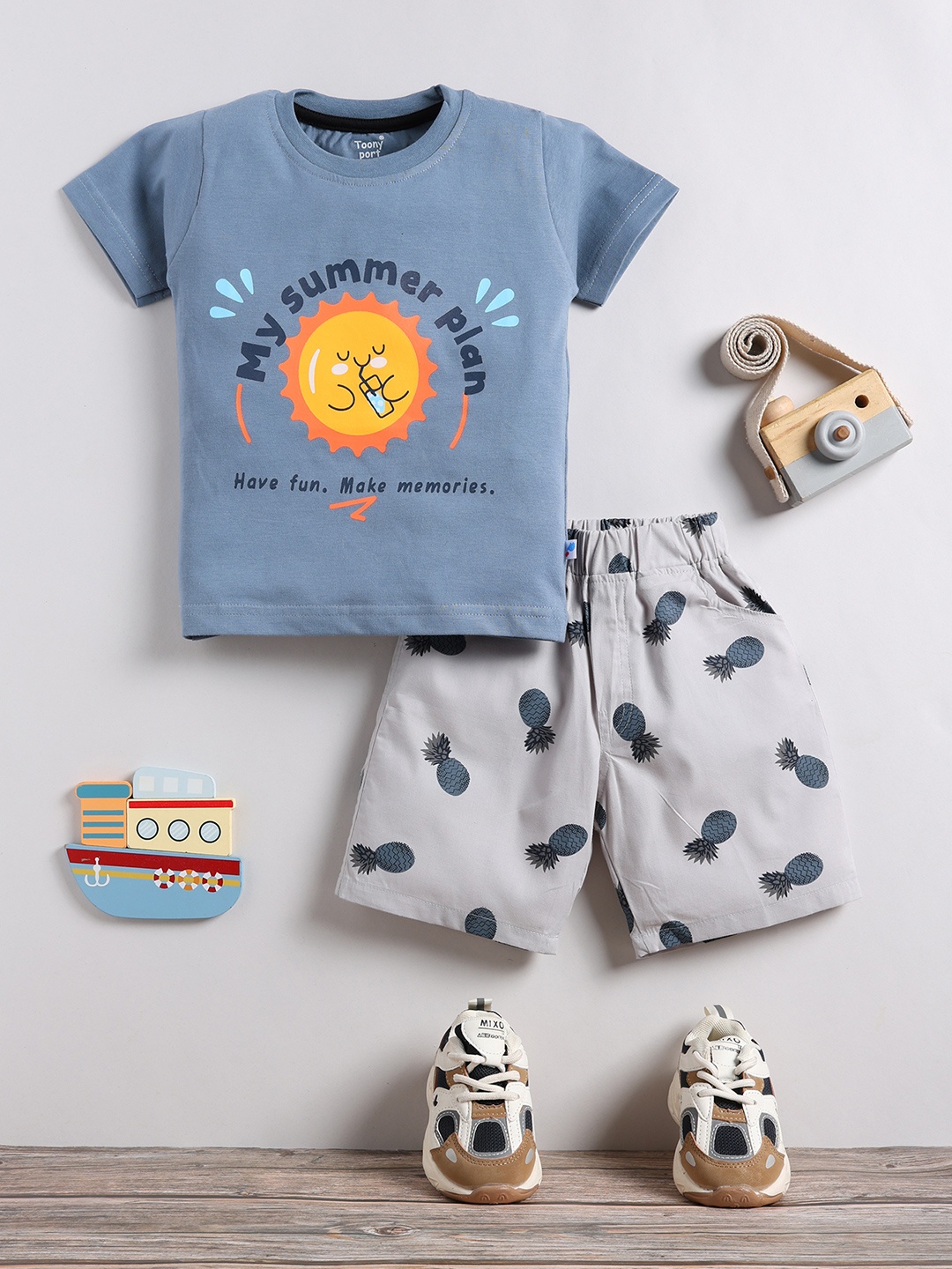 Toonyport Boys Printed Round Neck T-shirt With Shorts, Blue