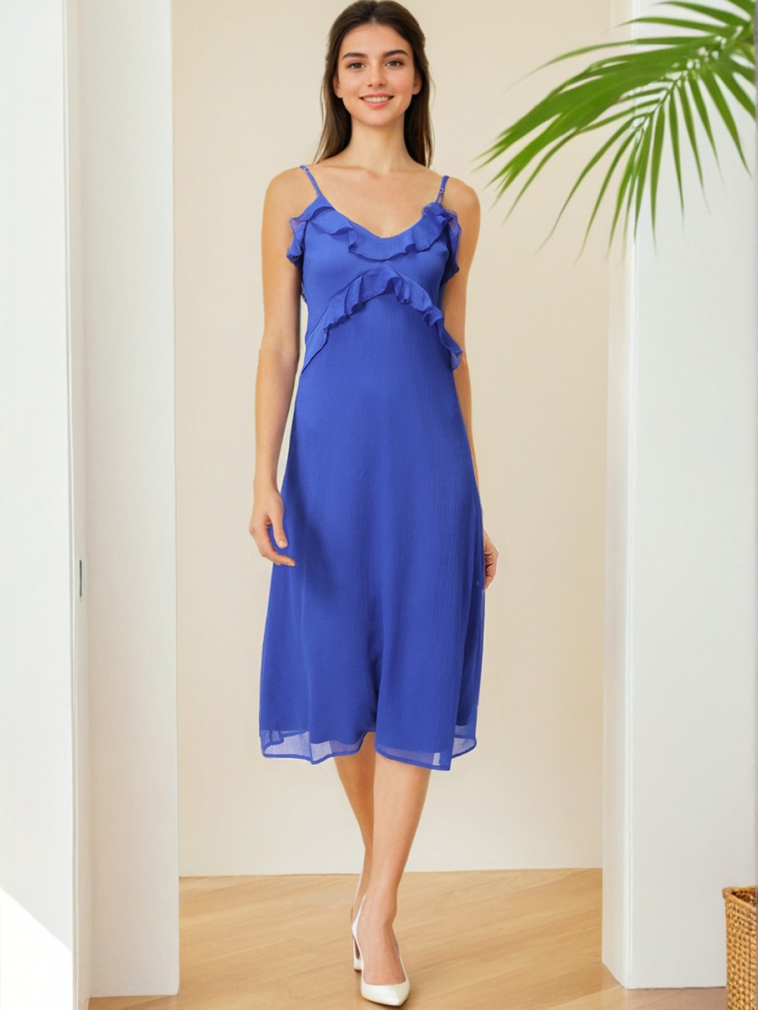 

Freehand by The Indian Garage Co Women Shoulder Straps Ruffles Maxi Dress, Blue