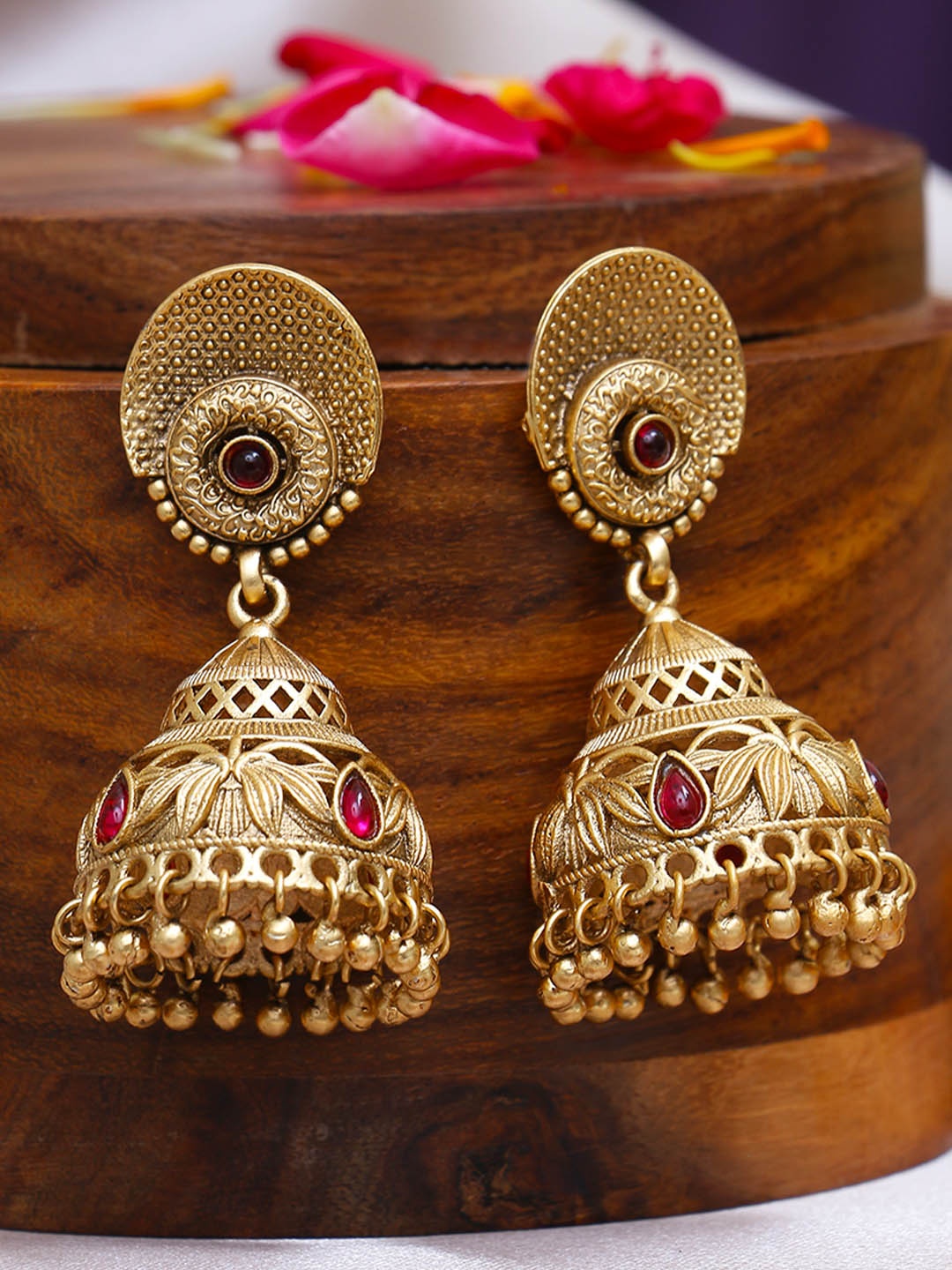 

Adwitiya Collection Gold Plated Artificial Stone Studded Classic Jhumkas