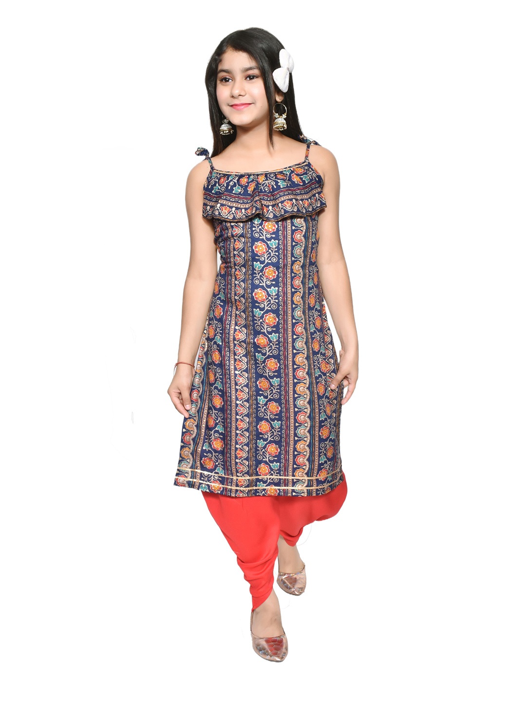 

Arshia Fashions Girls Floral Printed Regular Straight Kurta with Dhoti Pants, Blue
