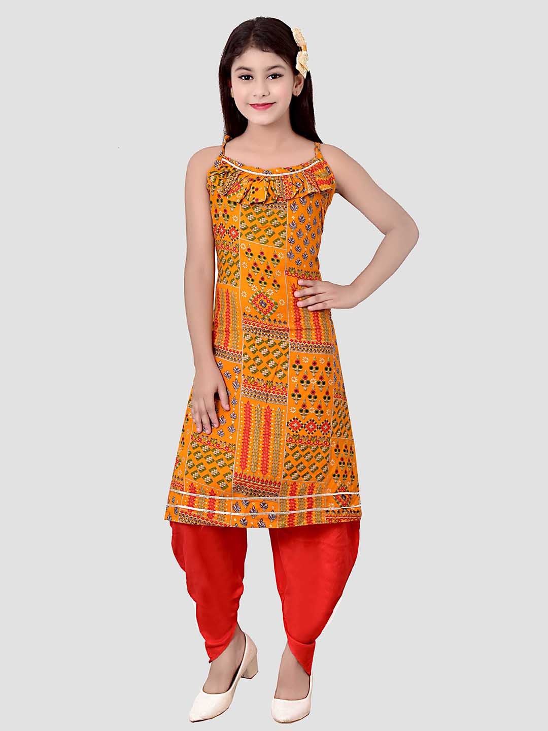 

Arshia Fashions Girls Floral Printed Regular Straight Kurta with Dhoti Pants, Yellow