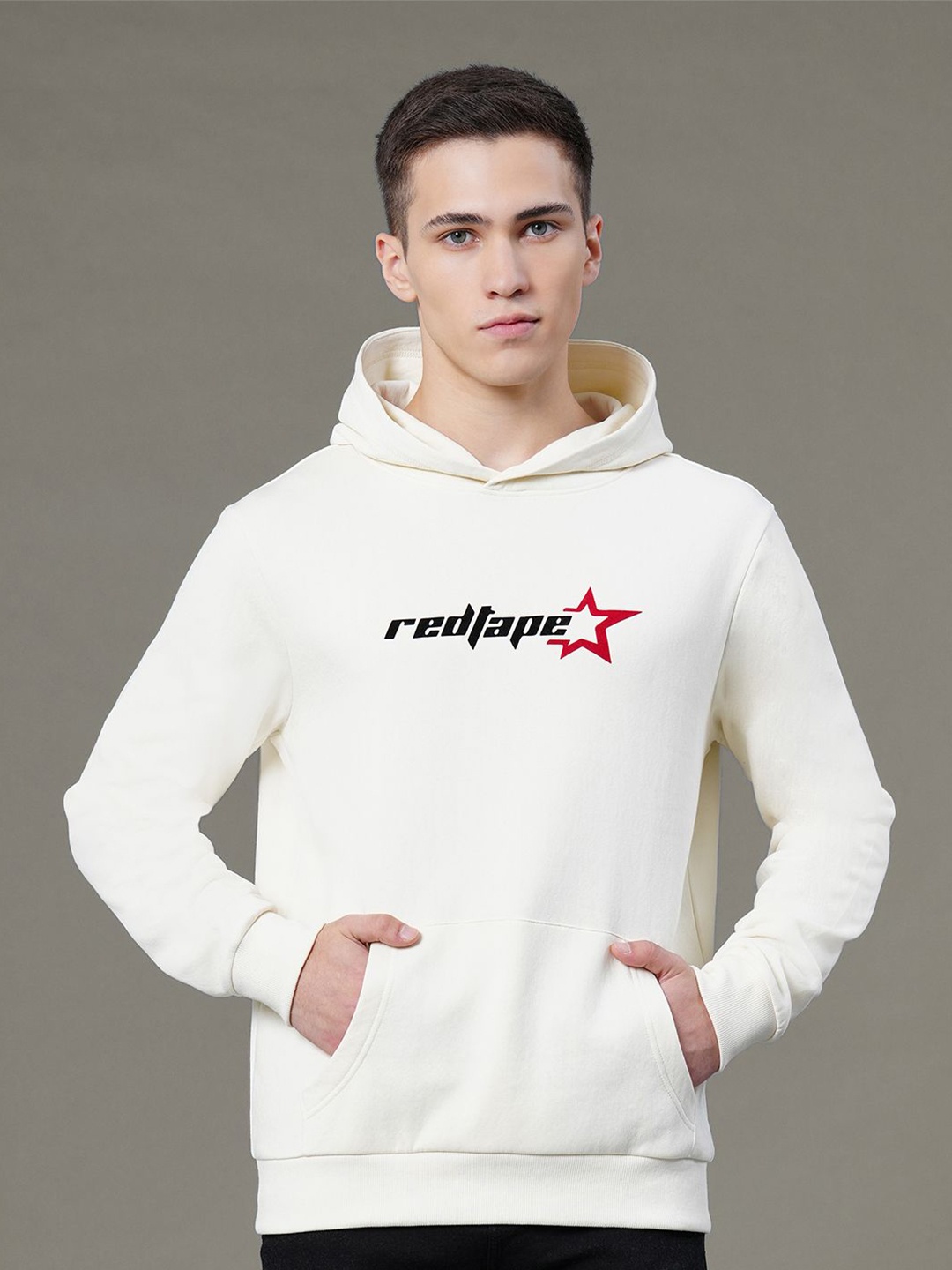 

Red Tape Men Graphic Print Fleece Baggy Fit Hoodie, Off white