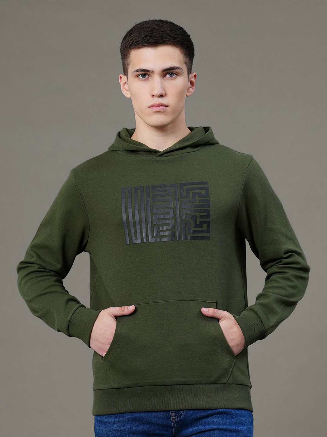 

Red Tape Men Graphic Print Cotton Hoodie, Olive